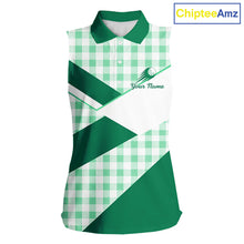 Load image into Gallery viewer, Custom Womens Sleeveless Green Gingham Plaid Golf Polo Shirts– Personalized Ladies Golf Apparel NHT716