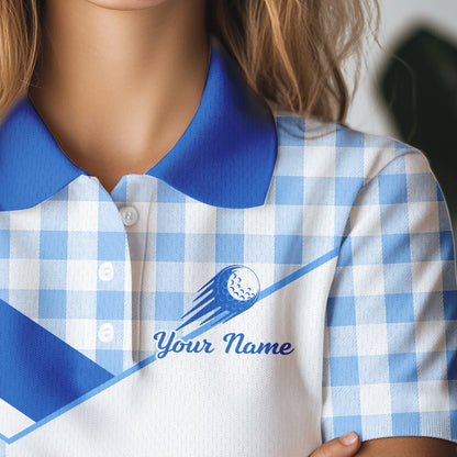 Custom Women’s Blue Gingham Plaid Golf Polo Shirts– Personalized Ladies Golf Apparel NHT718