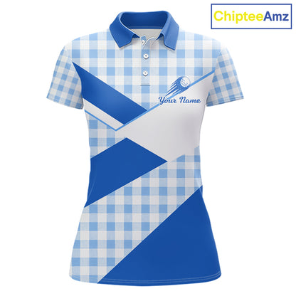 Custom Women’s Blue Gingham Plaid Golf Polo Shirts– Personalized Ladies Golf Apparel NHT718