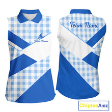 Load image into Gallery viewer, Custom Womens Sleeveless Blue Gingham Plaid Golf Polo Shirts– Personalized Ladies Golf Apparel NHT718