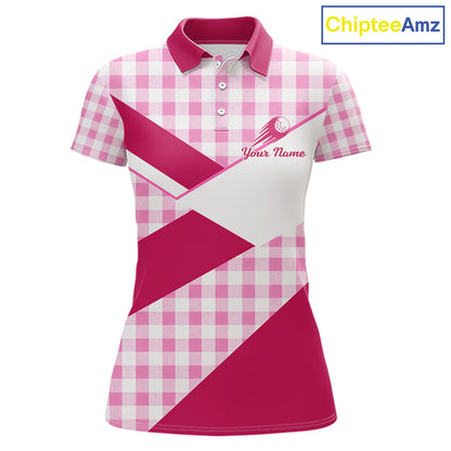 Custom Women’s Pink Gingham Plaid Golf Polo Shirts– Personalized Ladies Golf Apparel NHT719