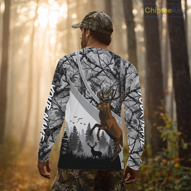 Red Deer Hunting Camo Gray Custom Name 3D All Over Print Shirt, Deer Hunting Shirt NHT211