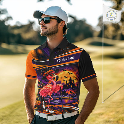 Halloween Flamingo Men Golf Polo Shirt Custom Witch Hat Full Moon Team Tournament Jersey NHT1693