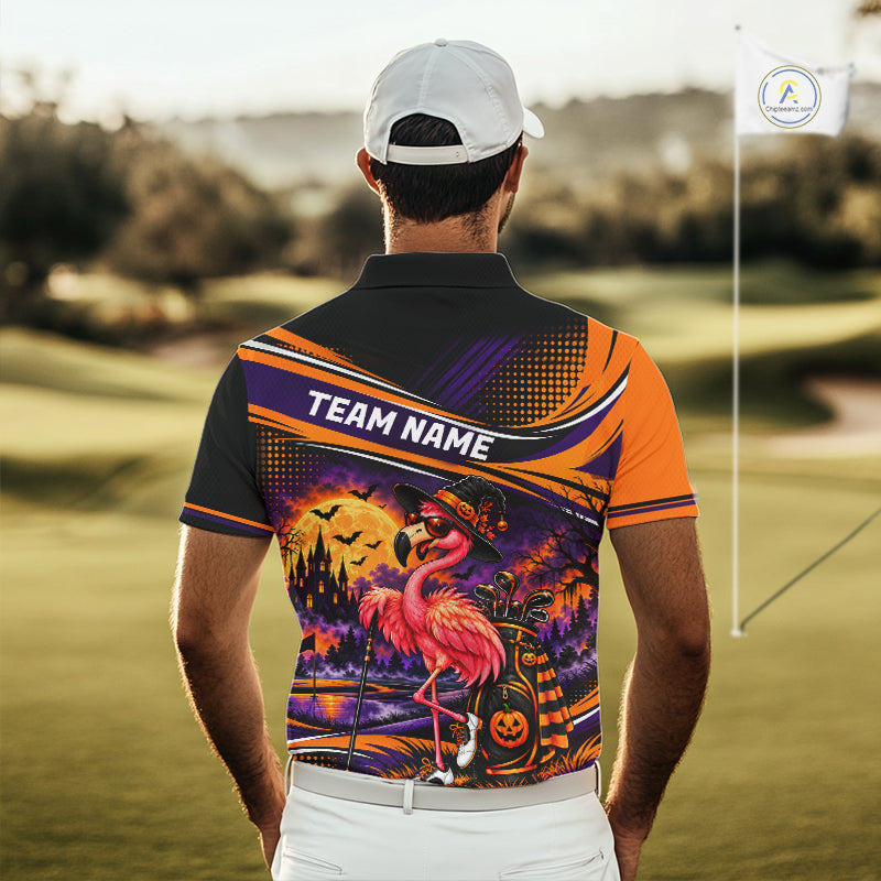Halloween Flamingo Men Golf Polo Shirt Custom Witch Hat Full Moon Team Tournament Jersey NHT1693