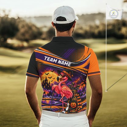 Halloween Flamingo Men Golf Polo Shirt Custom Witch Hat Full Moon Team Tournament Jersey NHT1693