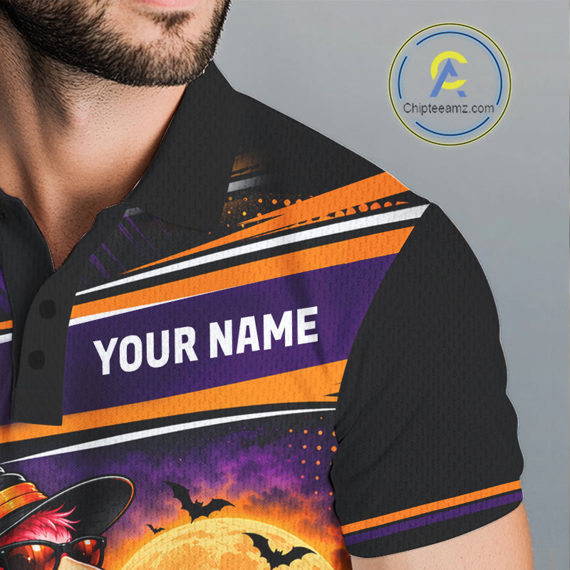 Halloween Flamingo Men Golf Polo Shirt Custom Witch Hat Full Moon Team Tournament Jersey NHT1693