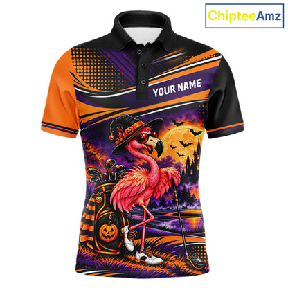 Halloween Flamingo Men Golf Polo Shirt Custom Witch Hat Full Moon Team Tournament Jersey NHT1693