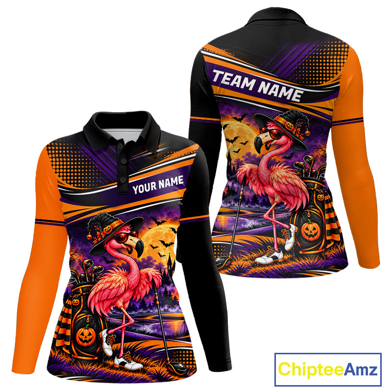 Halloween Flamingo Women Golf Polo Shirt Custom Witch Hat Full Moon Team Tournament Jersey NHT1693