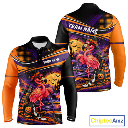 Halloween Flamingo Men Golf Polo Shirt Custom Witch Hat Full Moon Team Tournament Jersey NHT1693