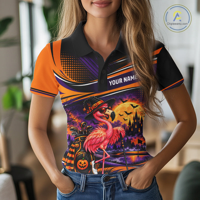 Halloween Flamingo Women Golf Polo Shirt Custom Witch Hat Full Moon Team Tournament Jersey NHT1693