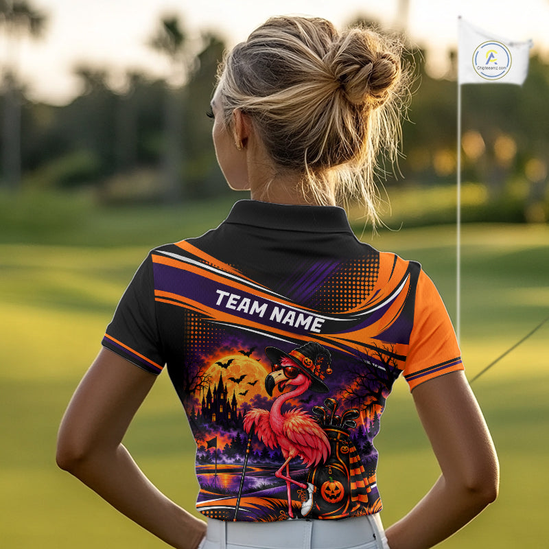 Halloween Flamingo Women Golf Polo Shirt Custom Witch Hat Full Moon Team Tournament Jersey NHT1693