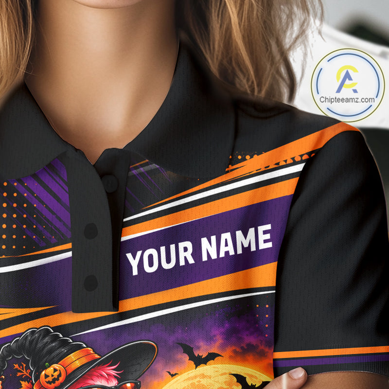 Halloween Flamingo Women Golf Polo Shirt Custom Witch Hat Full Moon Team Tournament Jersey NHT1693