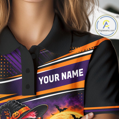 Halloween Flamingo Women Golf Polo Shirt Custom Witch Hat Full Moon Team Tournament Jersey NHT1693