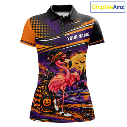 Halloween Flamingo Women Golf Polo Shirt Custom Witch Hat Full Moon Team Tournament Jersey NHT1693