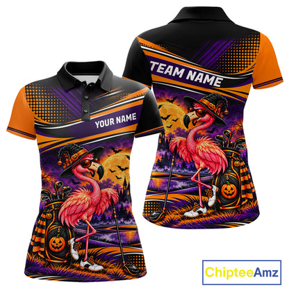 Halloween Flamingo Women Golf Polo Shirt Custom Witch Hat Full Moon Team Tournament Jersey NHT1693