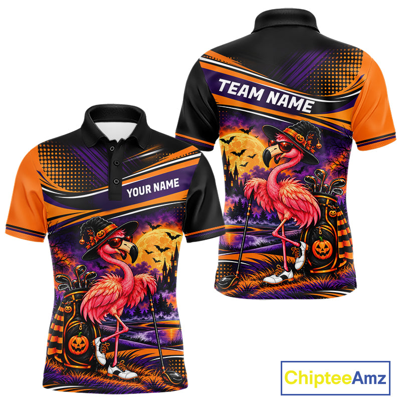 Halloween Flamingo Men Golf Polo Shirt Custom Witch Hat Full Moon Team Tournament Jersey NHT1693