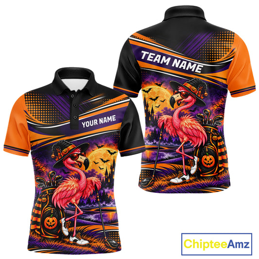 Halloween Flamingo Men Golf Polo Shirt Custom Witch Hat Full Moon Team Tournament Jersey NHT1693