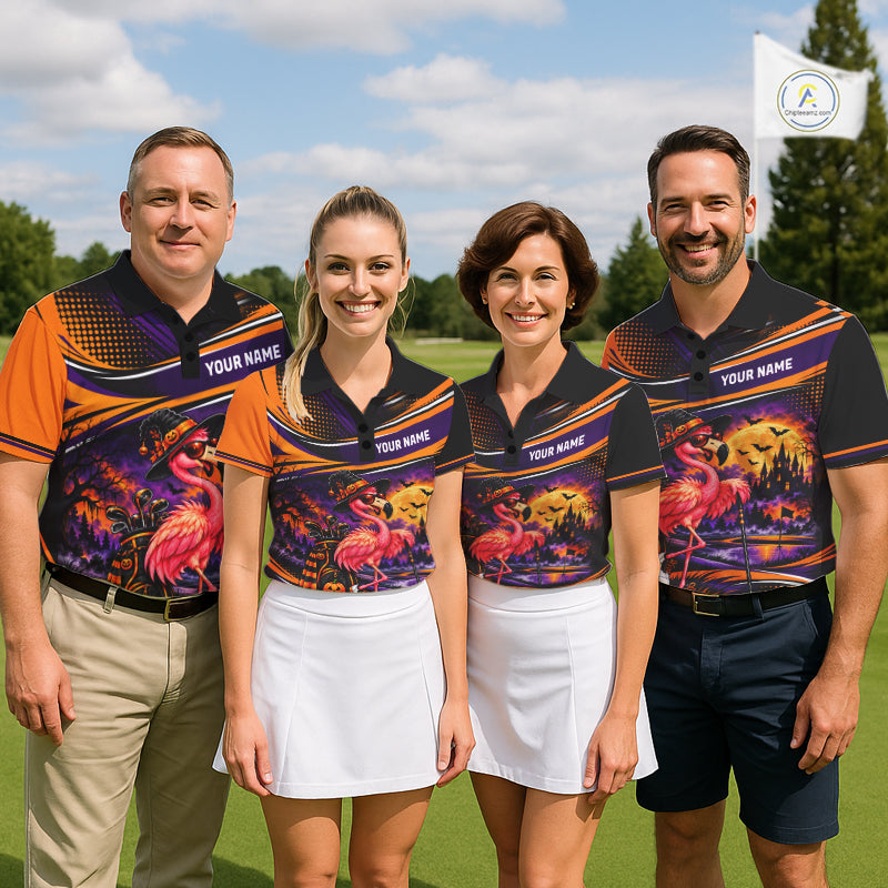 Halloween Flamingo Women Golf Polo Shirt Custom Witch Hat Full Moon Team Tournament Jersey NHT1693