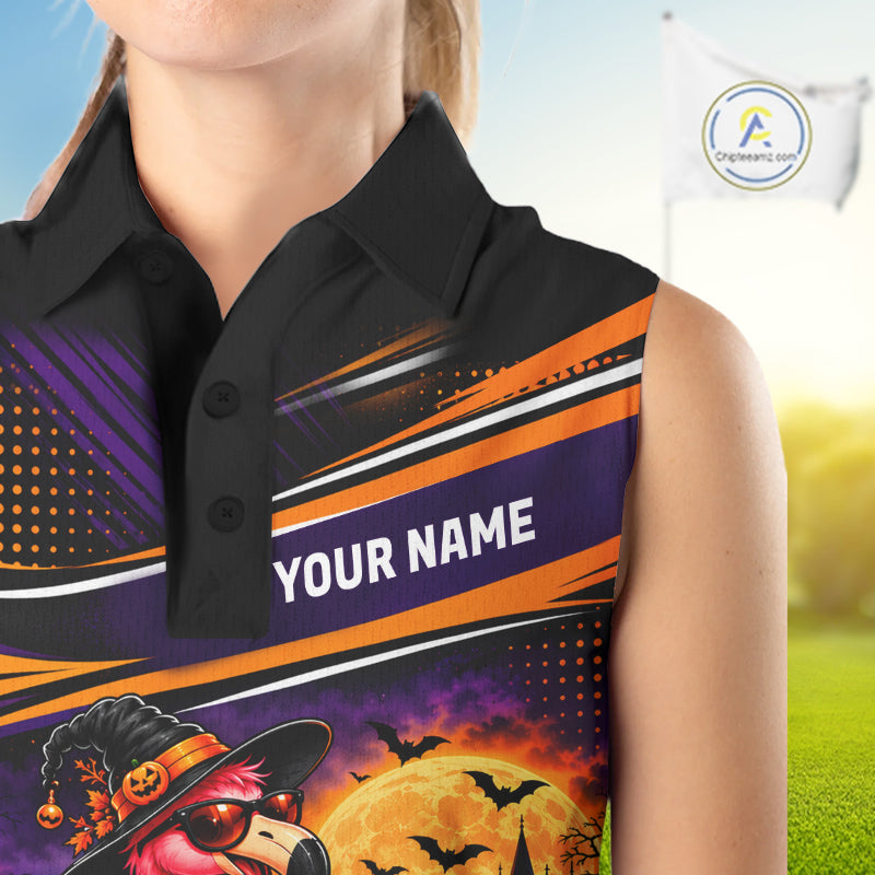 Halloween Flamingo Women Sleeveless Golf Polo Shirt Custom Witch Hat Full Moon Team Tournament Jersey NHT1693