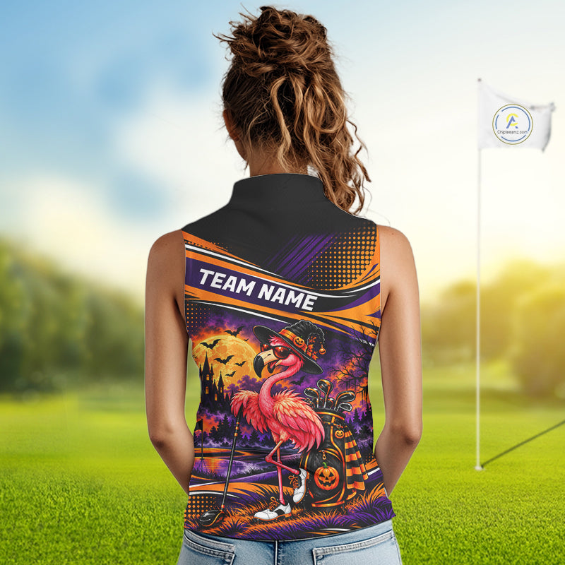 Halloween Flamingo Women Sleeveless Golf Polo Shirt Custom Witch Hat Full Moon Team Tournament Jersey NHT1693