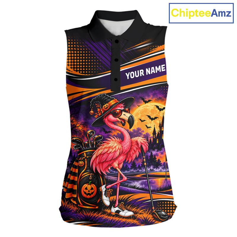 Halloween Flamingo Women Sleeveless Golf Polo Shirt Custom Witch Hat Full Moon Team Tournament Jersey NHT1693