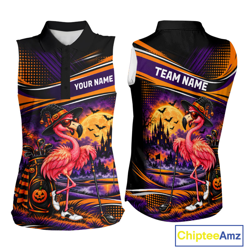 Halloween Flamingo Women Sleeveless Golf Polo Shirt Custom Witch Hat Full Moon Team Tournament Jersey NHT1693