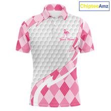 Load image into Gallery viewer, Pink Argyle Plaid Pattern Funny Flamingo Golf Wine Mens Golf Polos Shirt Custom Funny Golf Shirt For Ladies NHT738