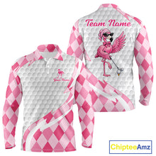 Load image into Gallery viewer, Pink Argyle Plaid Pattern Funny Flamingo Golf Wine Mens Golf Polos Shirt Custom Funny Golf Shirt For Ladies NHT738