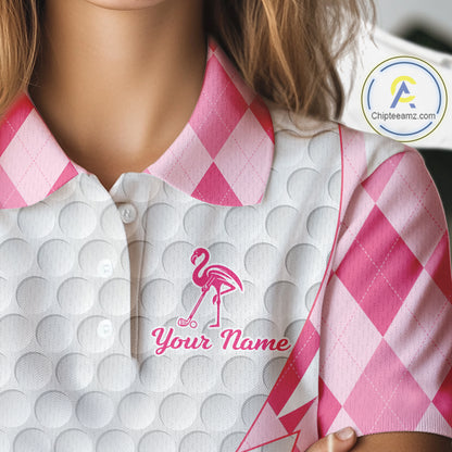 Pink Argyle Plaid Pattern Funny Flamingo Golf Wine Womens Golf Polos Shirt Custom Funny Golf Shirt For Ladies NHT738
