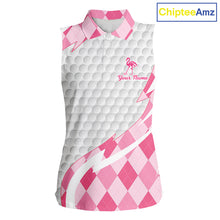 Load image into Gallery viewer, Pink Argyle Plaid Pattern Funny Flamingo Golf Wine Sleeveless Womens  Golf Polos Shirt Custom Funny Golf Shirt For Ladies NHT738