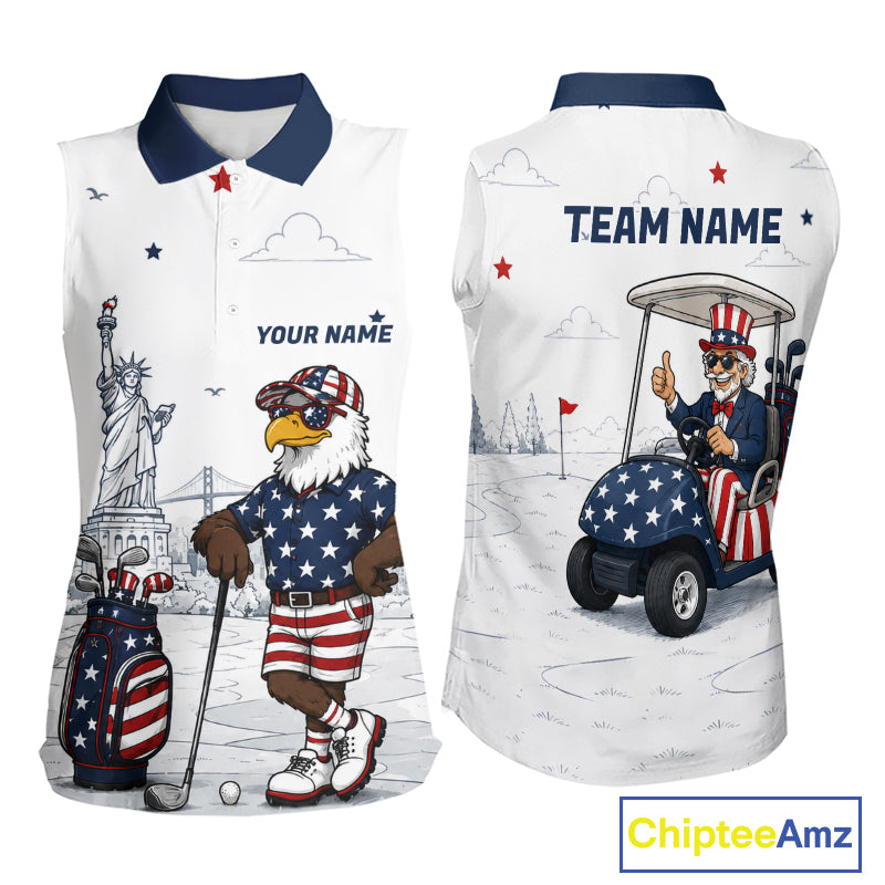Custom Patriotic Womens Sleeveless Golf Polo Shirt – American Eagle Golf Team Polo With Personalized Name 
