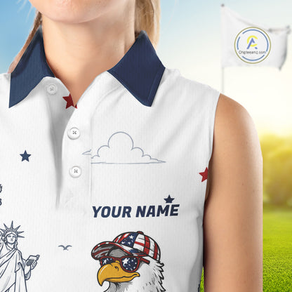 Custom Patriotic Womens Sleeveless Golf Polo Shirt – American Eagle Golf Team Polo With Personalized Name NHT1065