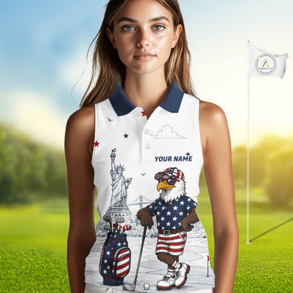 Custom Patriotic Womens Sleeveless Golf Polo Shirt – American Eagle Golf Team Polo With Personalized Name 