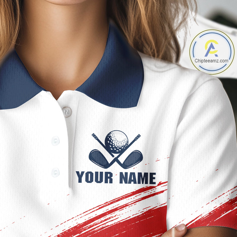 Custom USA Flag Womens Golf Polo Shirt – Patriotic Golf Polo With Personalized Name 