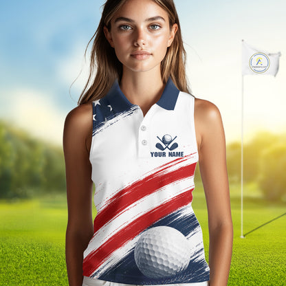 Custom USA Flag Womens Sleeveless Golf Polo Shirt – Patriotic Golf Polo With Personalized Name 