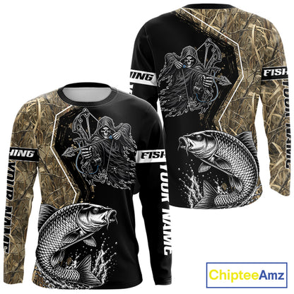 Bowfishing Shirt With Grim Reaper & Carp Fish Camo Design, Fishing Shirts Long Sleeve For Men NHT1371