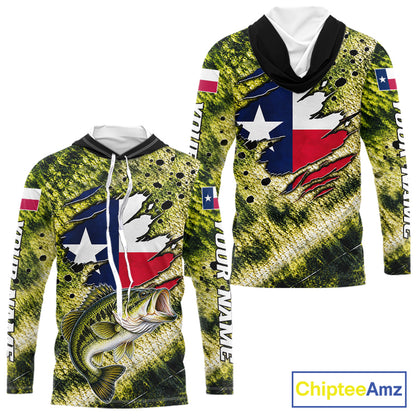 Largemouth Bass Fishing Shirt Custom Texas Flag  Scale Pattern Long Sleeve Hooded Apparel NHT1704