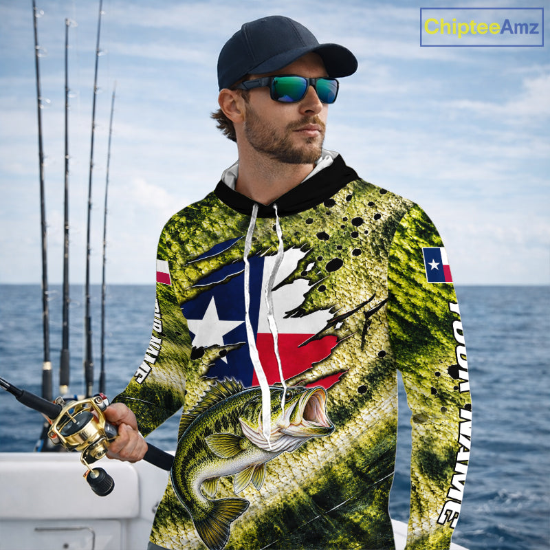 Largemouth Bass Fishing Shirt Custom Texas Flag  Scale Pattern Long Sleeve Hooded Apparel NHT1704