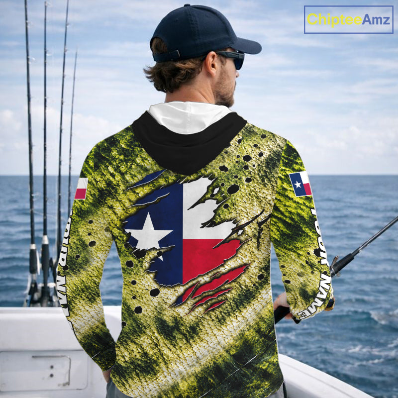Largemouth Bass Fishing Shirt Custom Texas Flag  Scale Pattern Long Sleeve Hooded Apparel NHT1704
