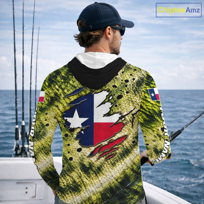 Largemouth Bass Fishing Shirt Custom Texas Flag  Scale Pattern Long Sleeve Hooded Apparel NHT1704