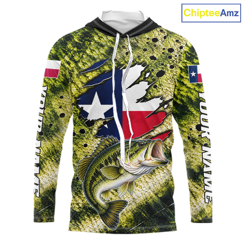 Largemouth Bass Fishing Shirt Custom Texas Flag  Scale Pattern Long Sleeve Hooded Apparel NHT1704
