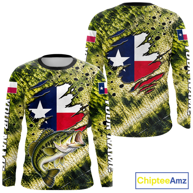 Largemouth Bass Fishing Shirt Custom Texas Flag  Scale Pattern Long Sleeve Apparel NHT1704