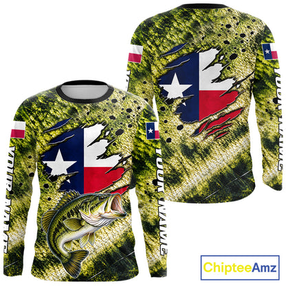 Largemouth Bass Fishing Shirt Custom Texas Flag  Scale Pattern Long Sleeve Apparel NHT1704