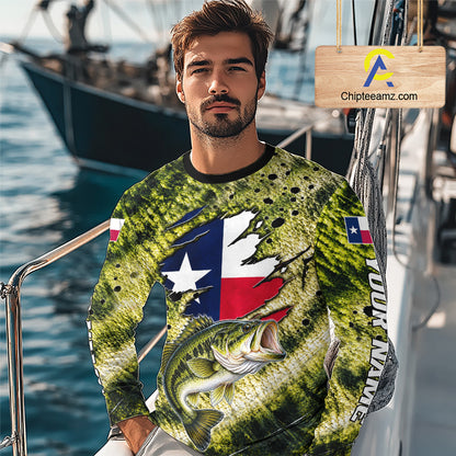 Largemouth Bass Fishing Shirt Custom Texas Flag  Scale Pattern Long Sleeve Apparel NHT1704