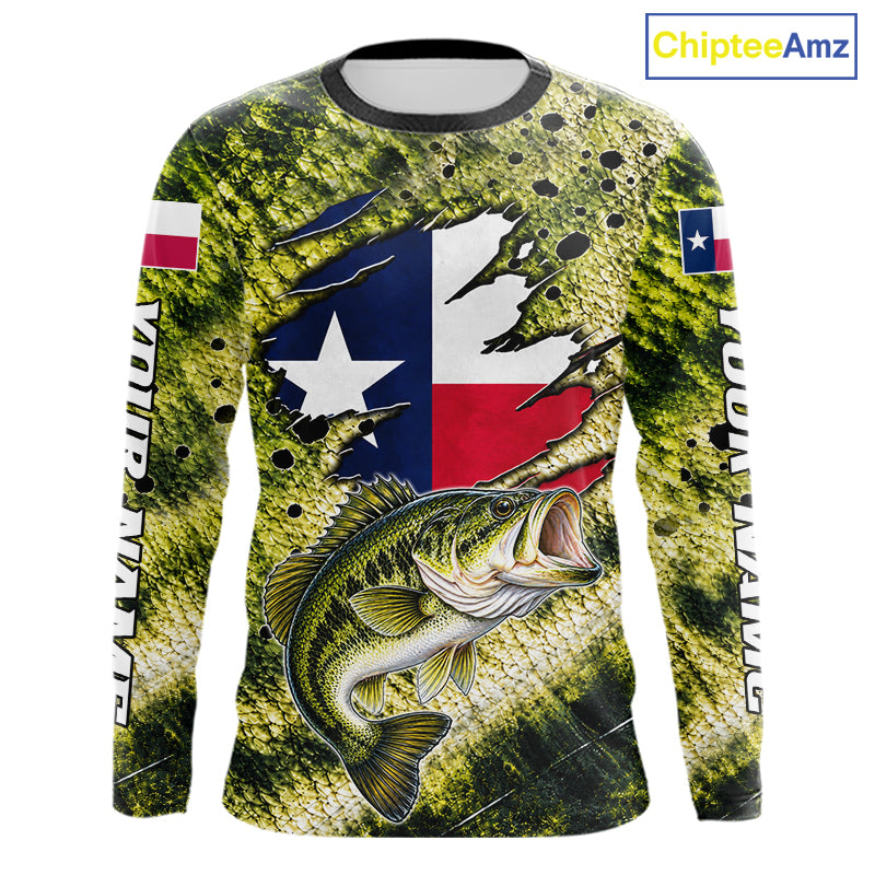 Largemouth Bass Fishing Shirt Custom Texas Flag  Scale Pattern Long Sleeve Apparel NHT1704