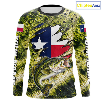 Largemouth Bass Fishing Shirt Custom Texas Flag  Scale Pattern Long Sleeve Apparel NHT1704
