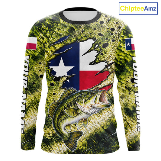 Largemouth Bass Fishing Shirt Custom Texas Flag  Scale Pattern Long Sleeve Apparel NHT1704