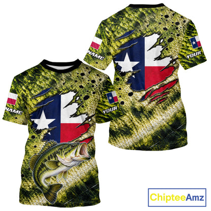 Largemouth Bass Fishing Shirt Custom Texas Flag  Scale Pattern Short Sleeve Apparel NHT1704