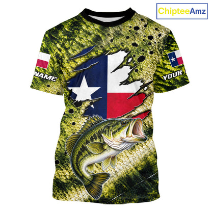 Largemouth Bass Fishing Shirt Custom Texas Flag  Scale Pattern Short Sleeve Apparel NHT1704