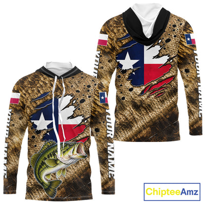 Largemouth Bass Fishing Shirt Custom Texas Flag Brown Scale Pattern Long Sleeve Hooded Apparel NHT1705